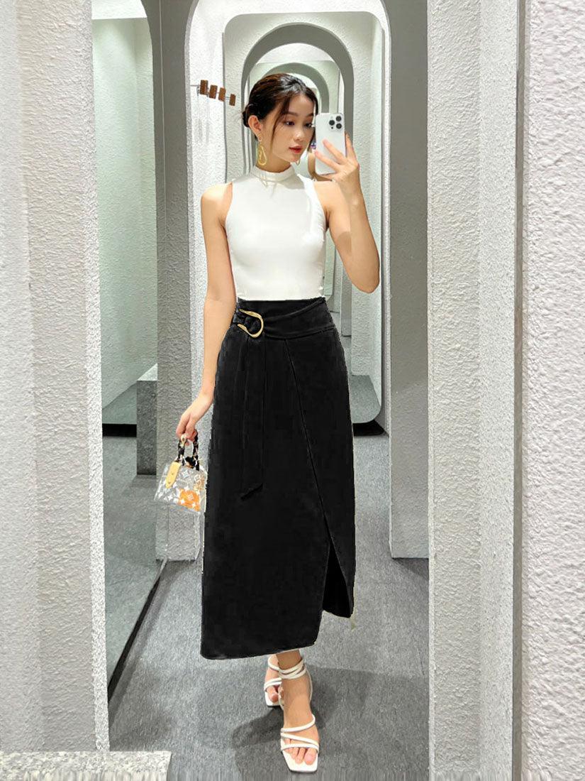 Black Buckle Wrap Skirt