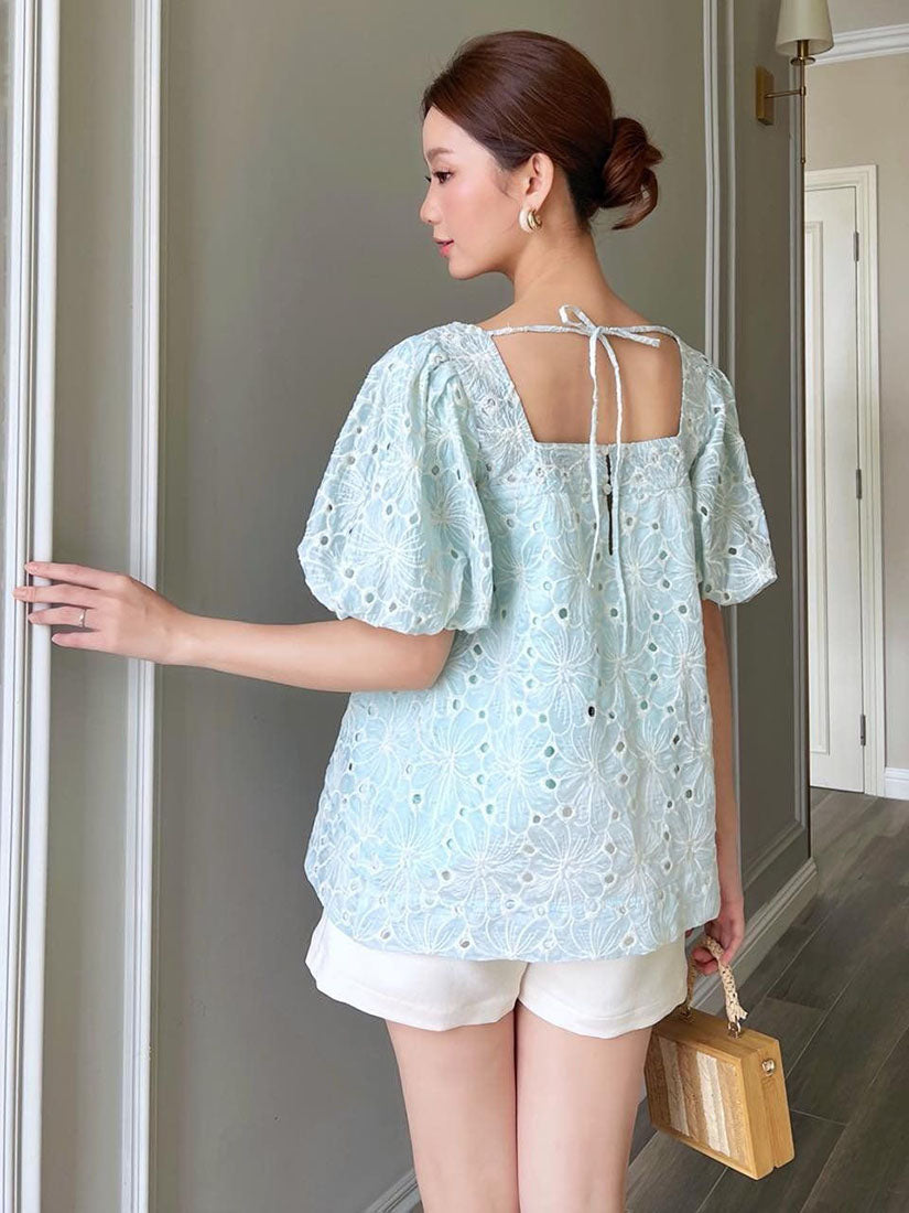 Square Neck Puff Sleeve Embroidered Perforated Blouse