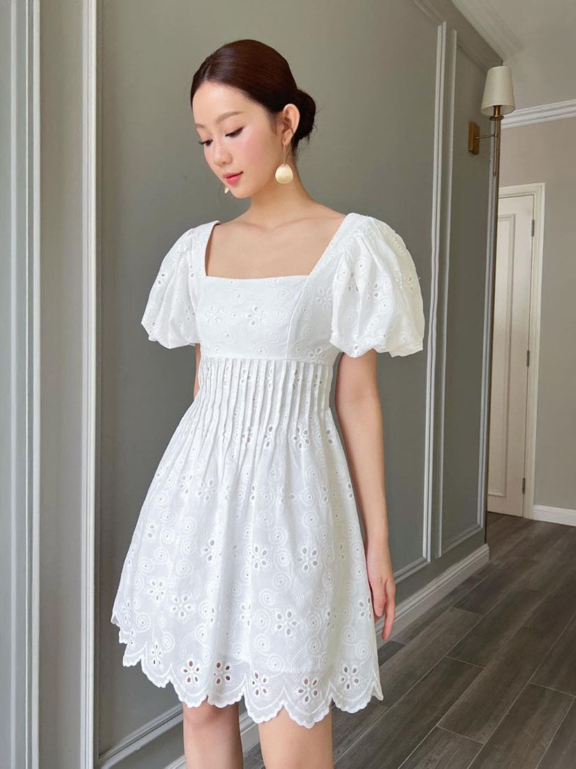 Pleated Waist Puff Sleeve Dress