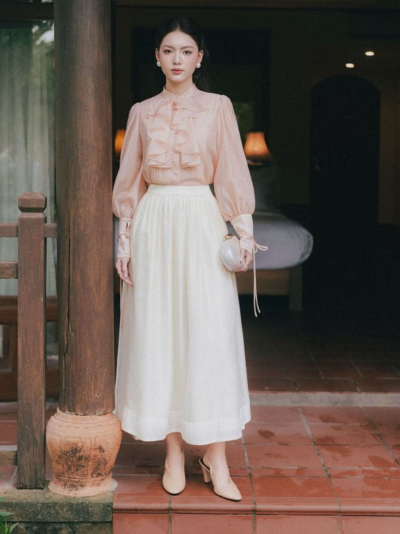 Ruffle Drape Front Tie Cuff Shirt
