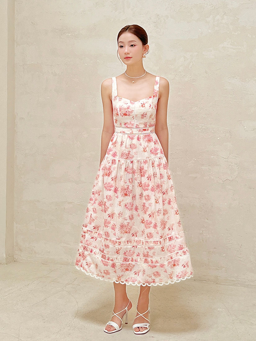 Lace Trim Floral Perforated Strap Dress