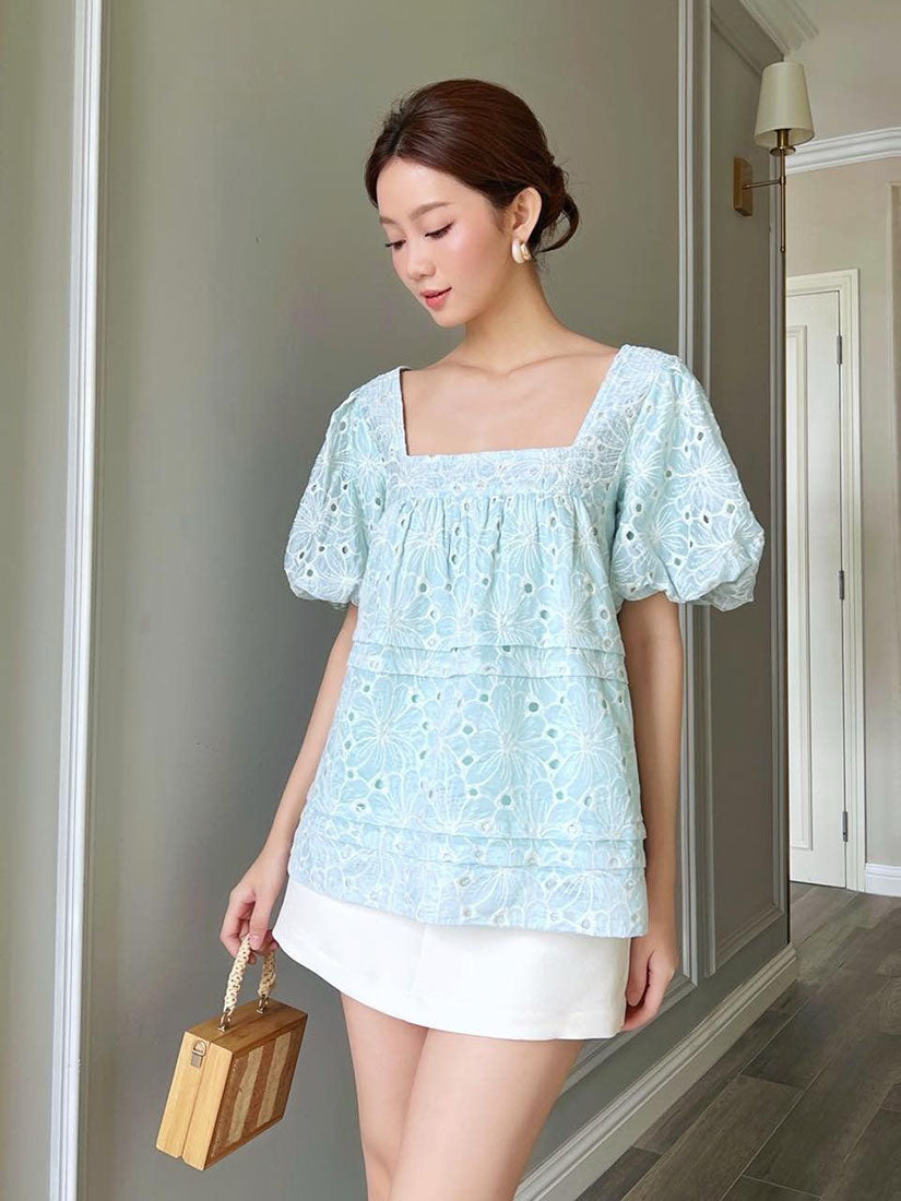 Square Neck Puff Sleeve Embroidered Perforated Blouse