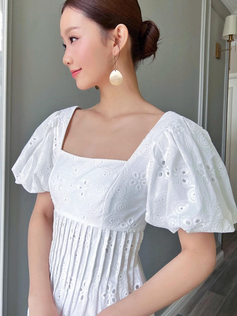 Pleated Waist Puff Sleeve Dress