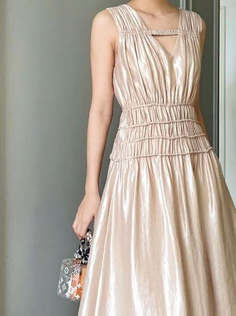 Beige Wrinkled Midi Sleeveless Dress