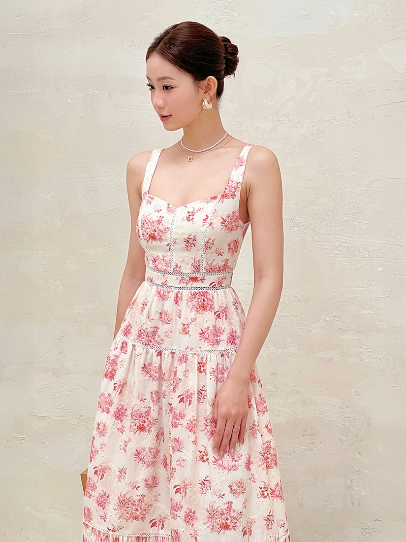 Lace Trim Floral Perforated Strap Dress