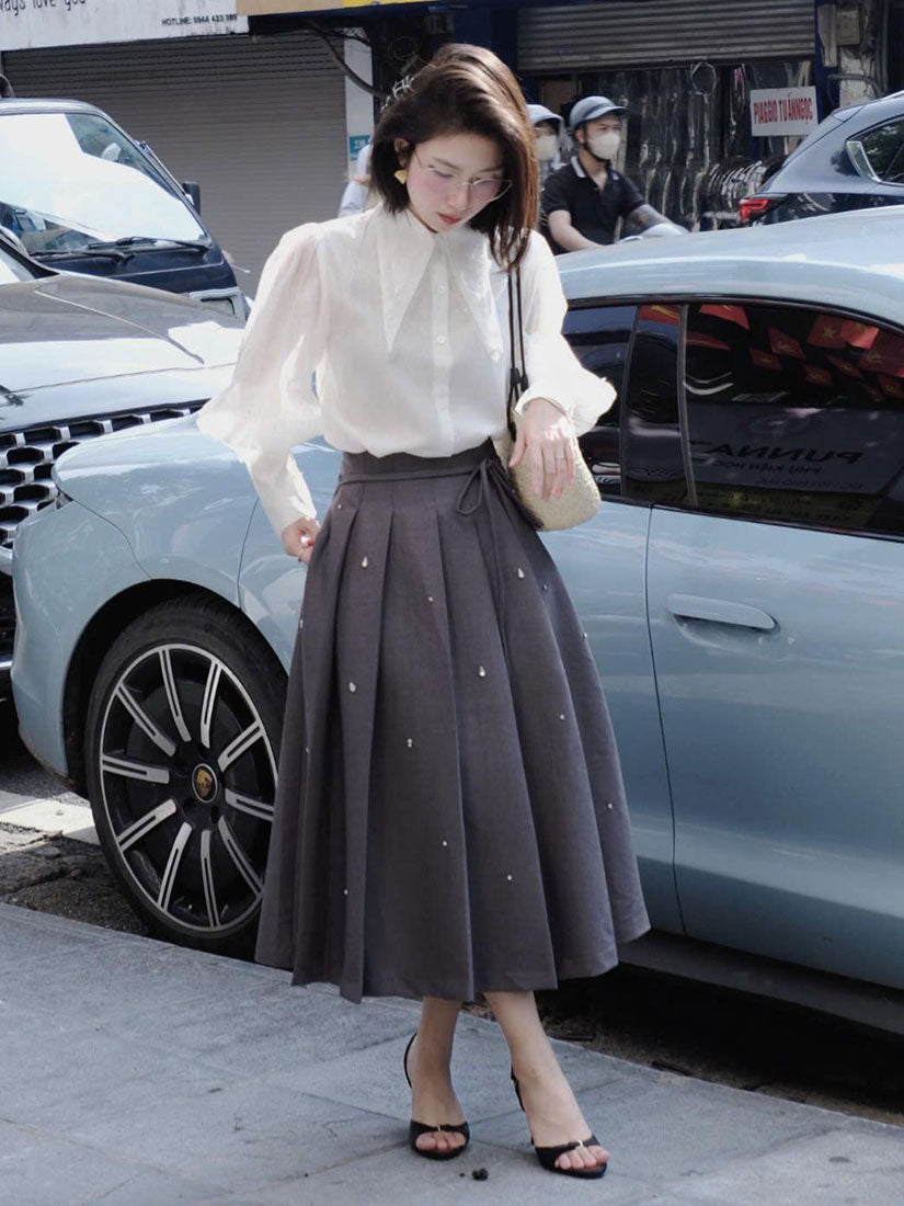 Rhinestones Pleated Maxi Skirt