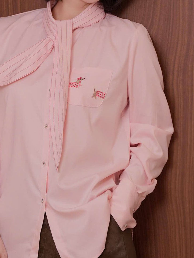 Tie Neck Dachshund Embroidered Shirt - Pink