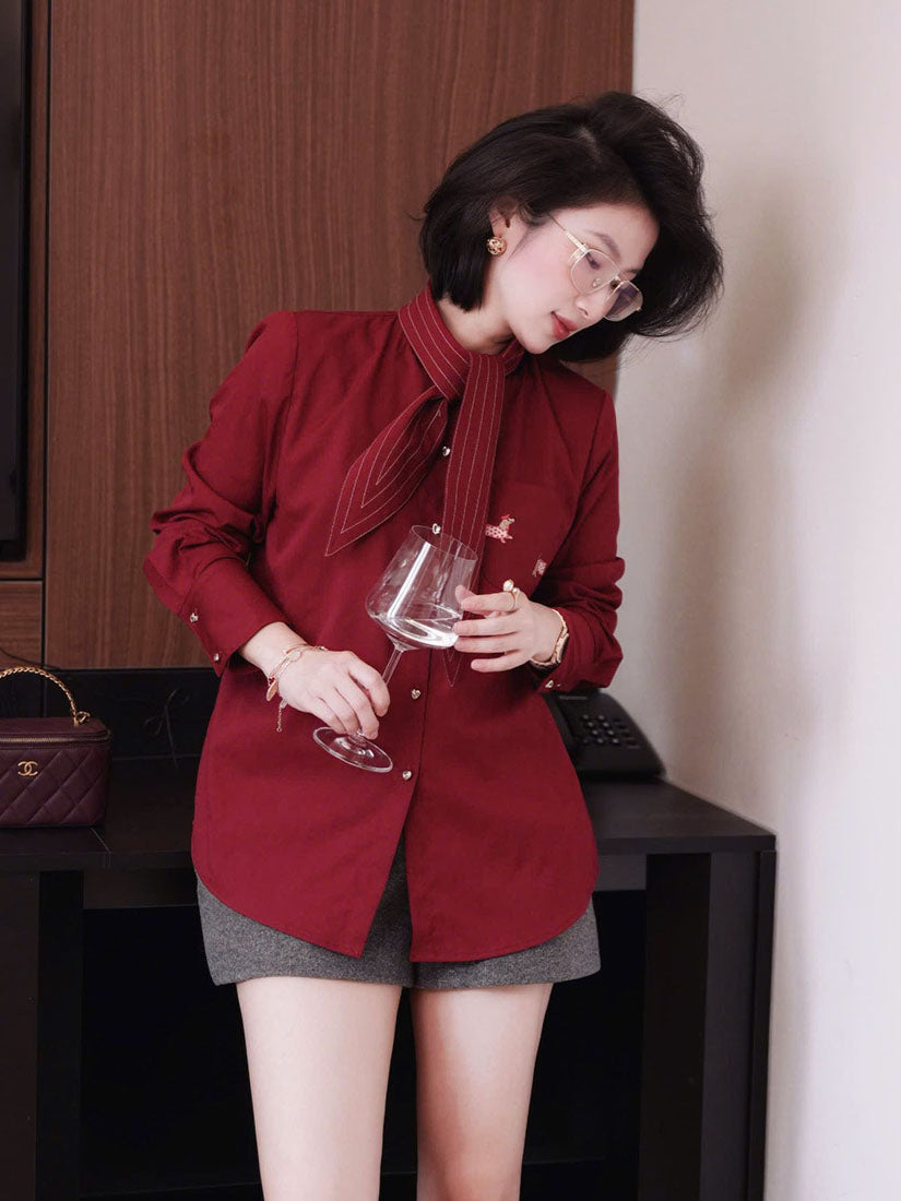 Tie Neck Dachshund Embroidered Shirt - Burgundy