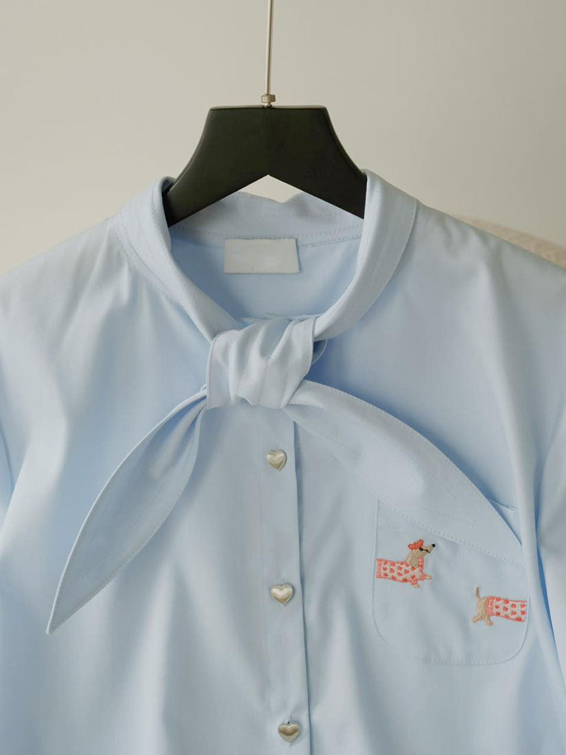 Tie Neck Dachshund Embroidered Short Sleeve Shirt