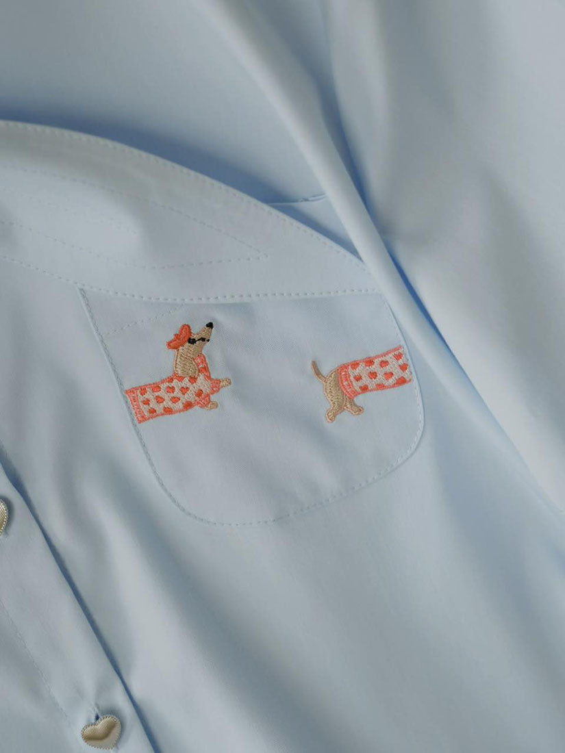Tie Neck Dachshund Embroidered Short Sleeve Shirt