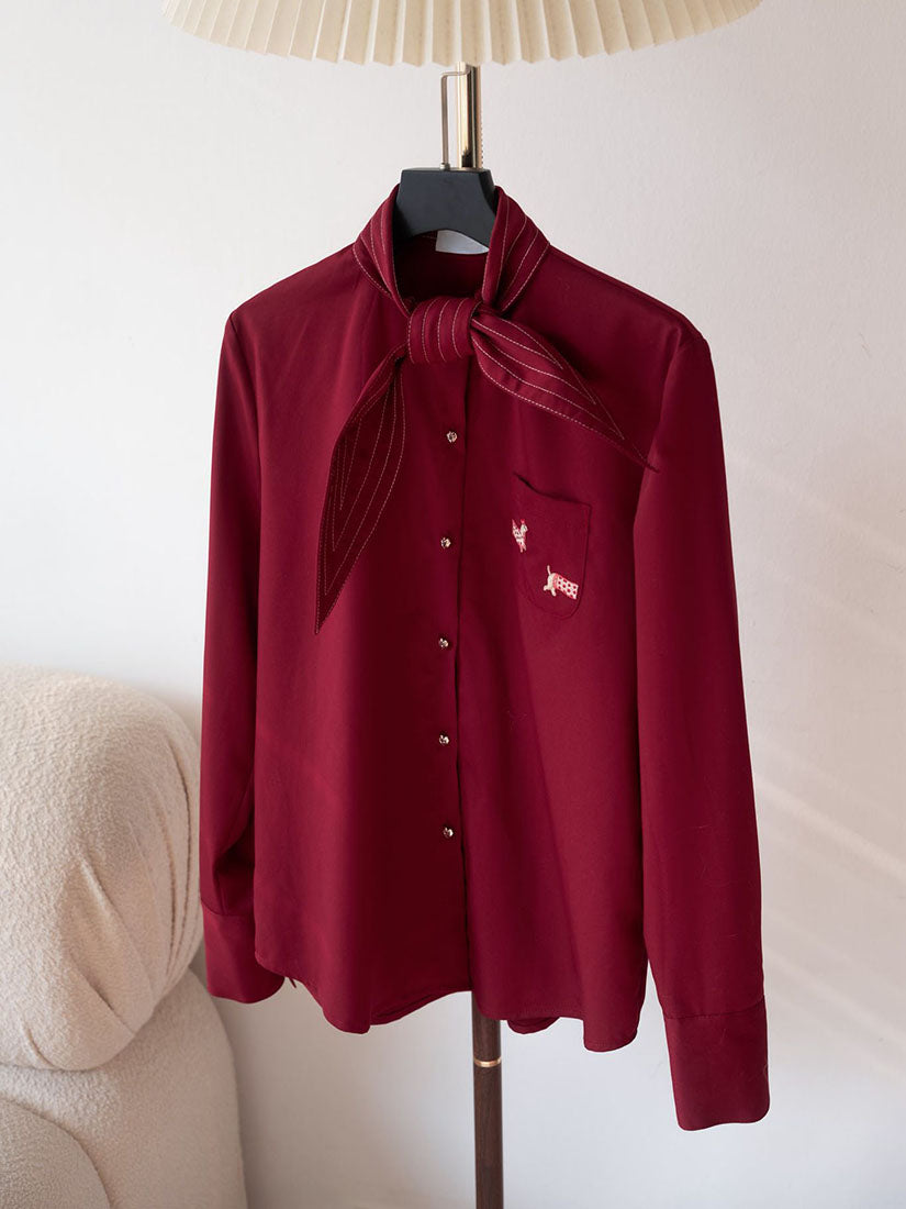 Tie Neck Dachshund Embroidered Shirt - Burgundy