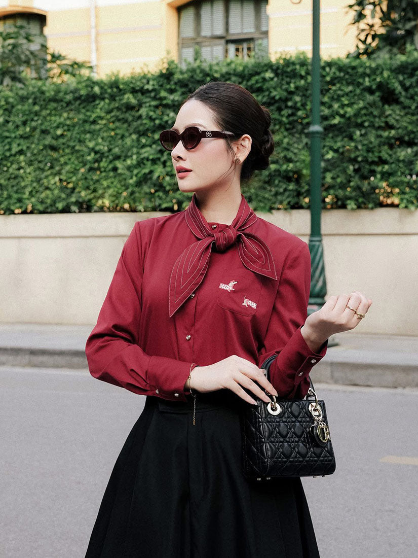 Tie Neck Dachshund Embroidered Shirt - Burgundy