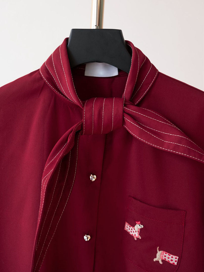 Tie Neck Dachshund Embroidered Shirt - Burgundy