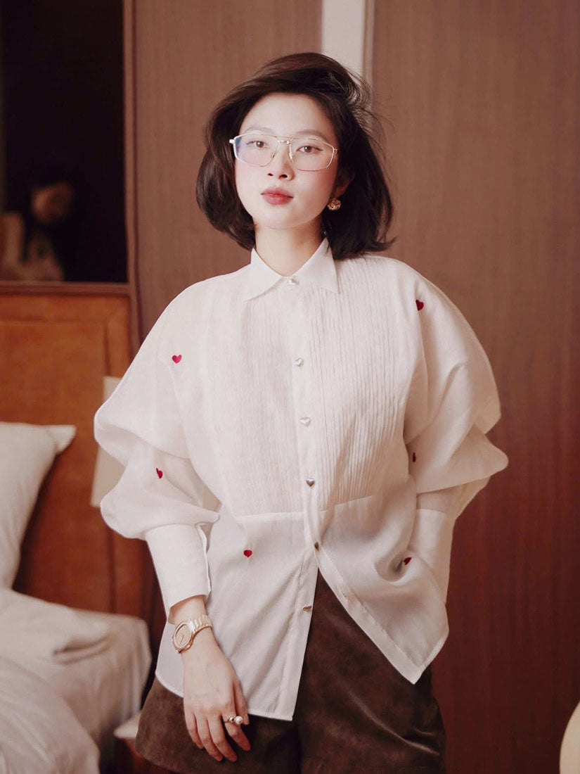 Pin Tuck Front Heart Embroidered Tuxedo Shirt