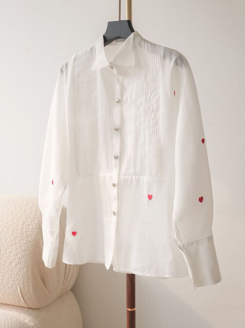 Pin Tuck Front Heart Embroidered Tuxedo Shirt