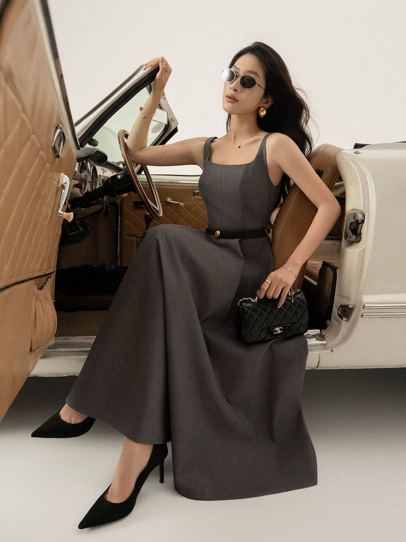 Square Neck Strap Pleated Flare Dress - Grey