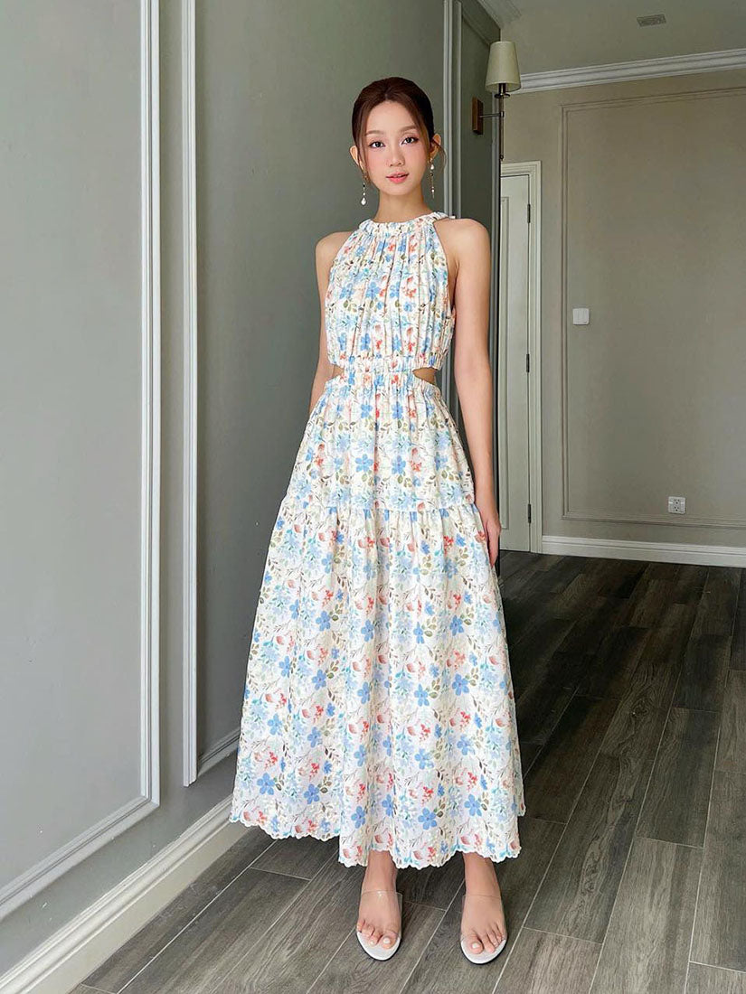 Halter Neck Cut Out Waist Floral Embroidered Dress