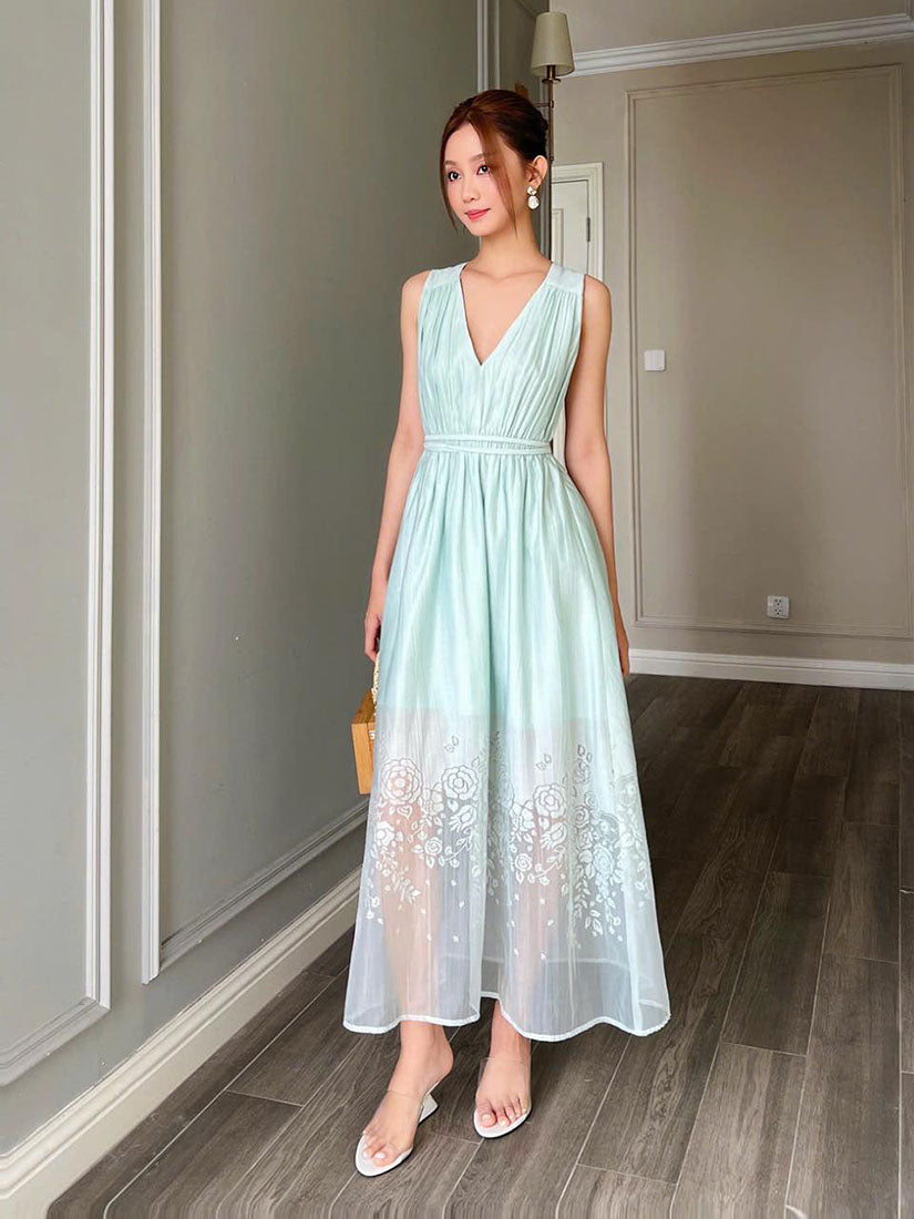 Mint Burn Out Floral V Neck Dress