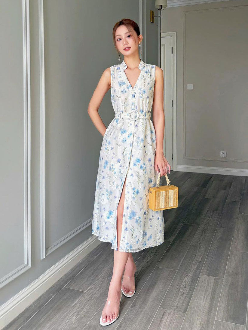 Belted Floral Jacquard Band Collar V Neck Midi Dress - Purple Blue
