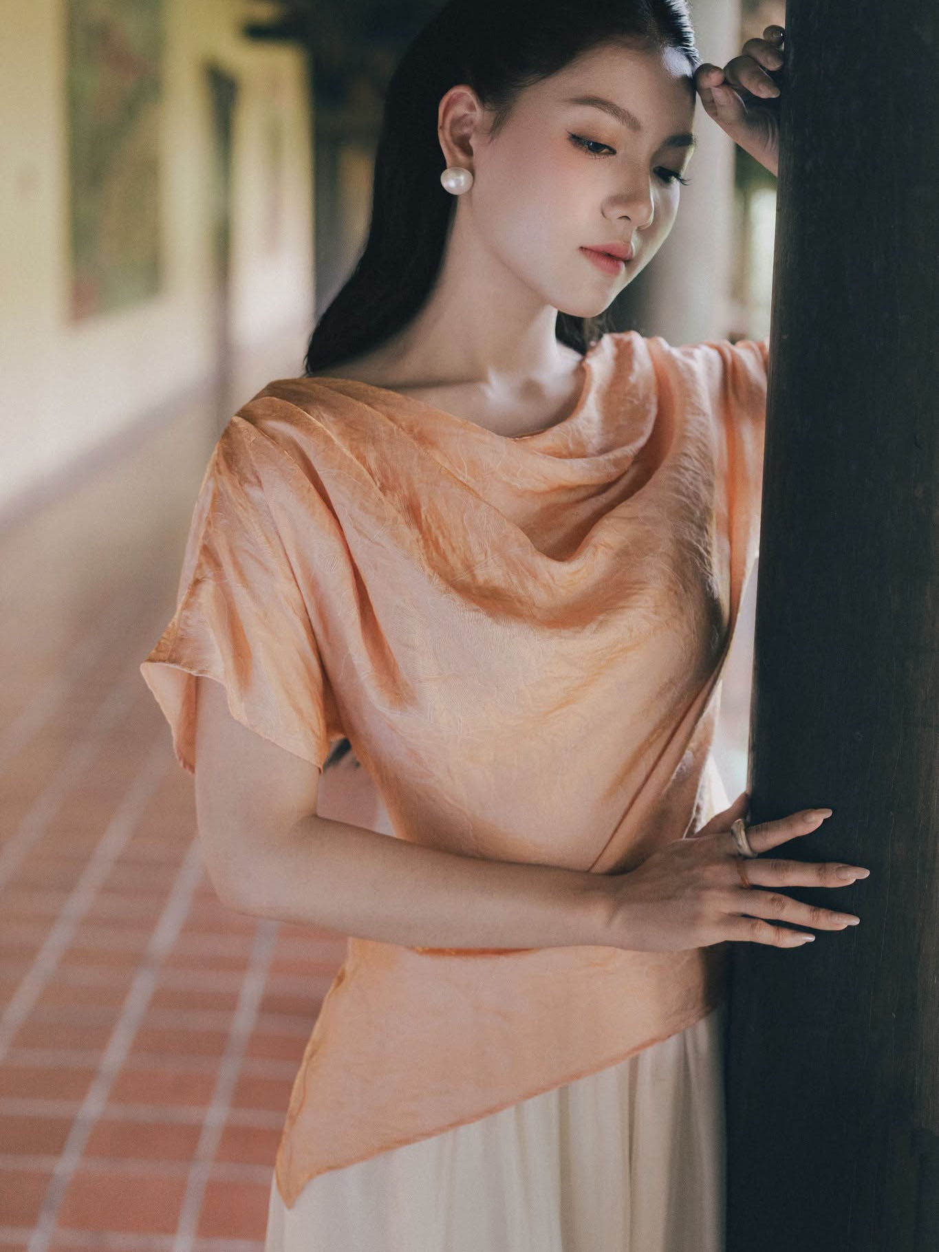 Drawstring Shoulder Drape Neck Top