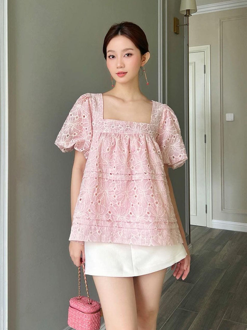 Pink Square Neck Puff Sleeve Embroidered Perforated Blouse