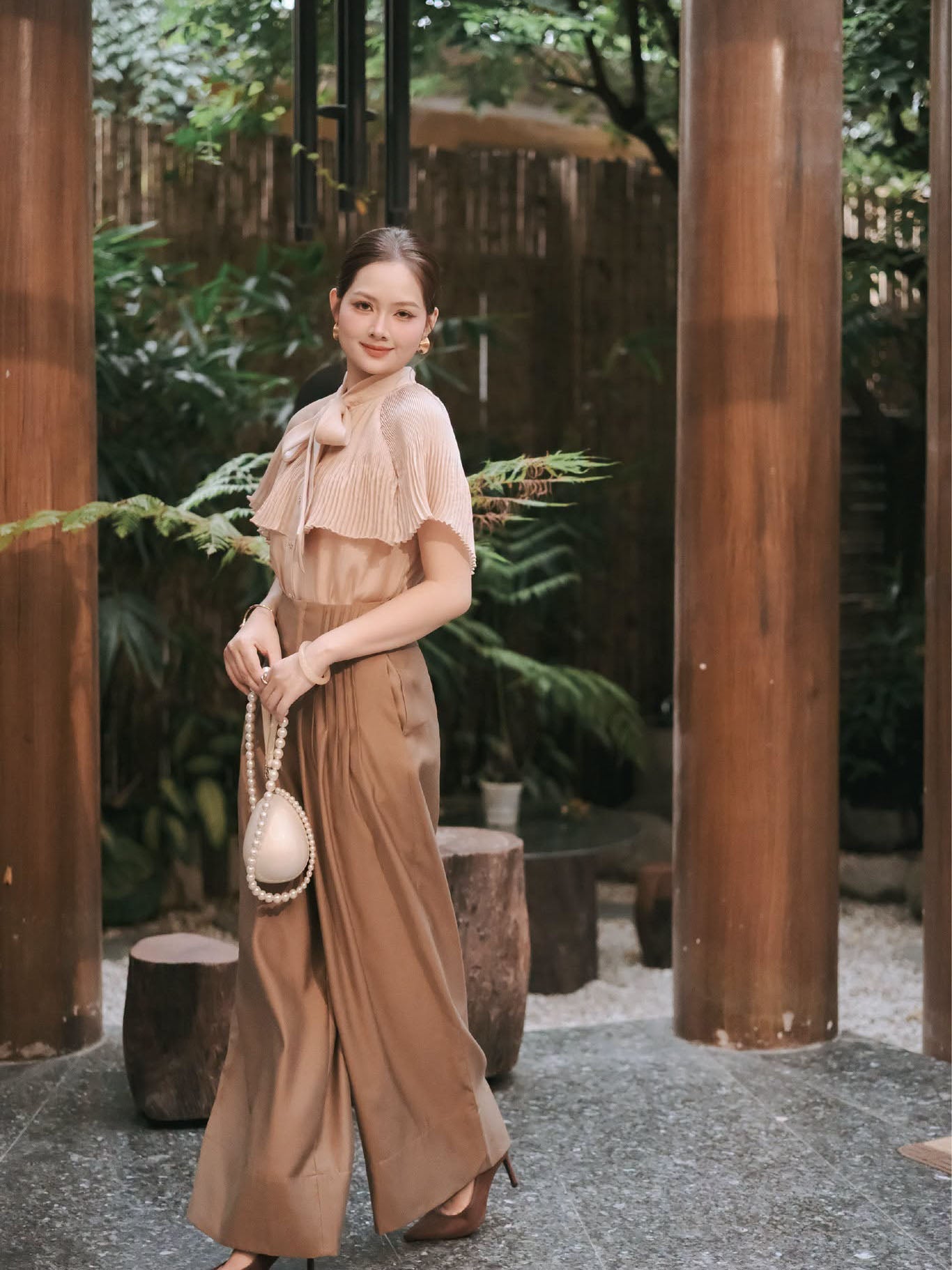 Tie Neck Pleated Cape Shirt