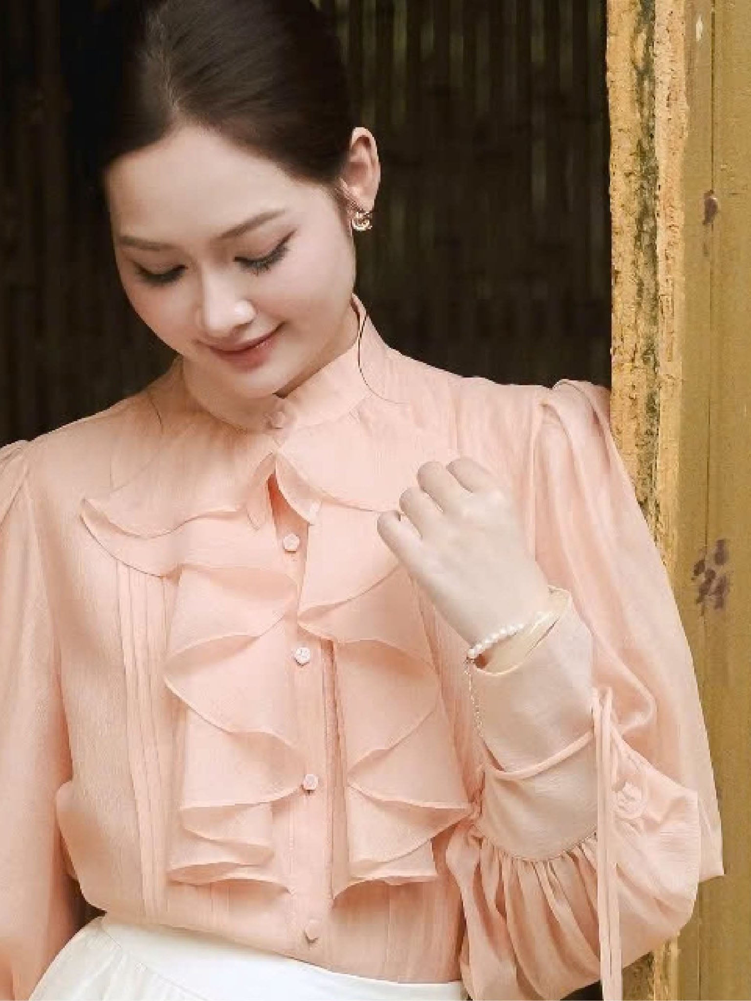 Ruffle Drape Front Tie Cuff Shirt
