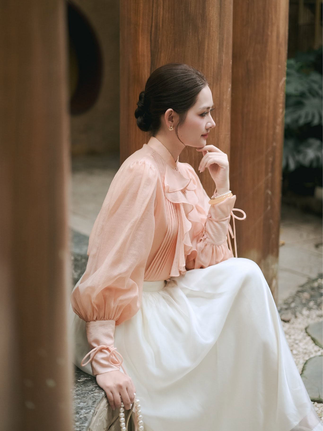 Ruffle Drape Front Tie Cuff Shirt