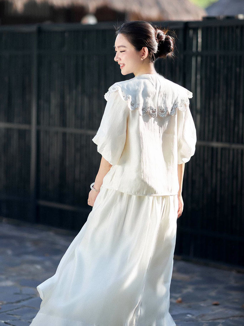 Embroidered Collar Puff Sleeve Shirt
