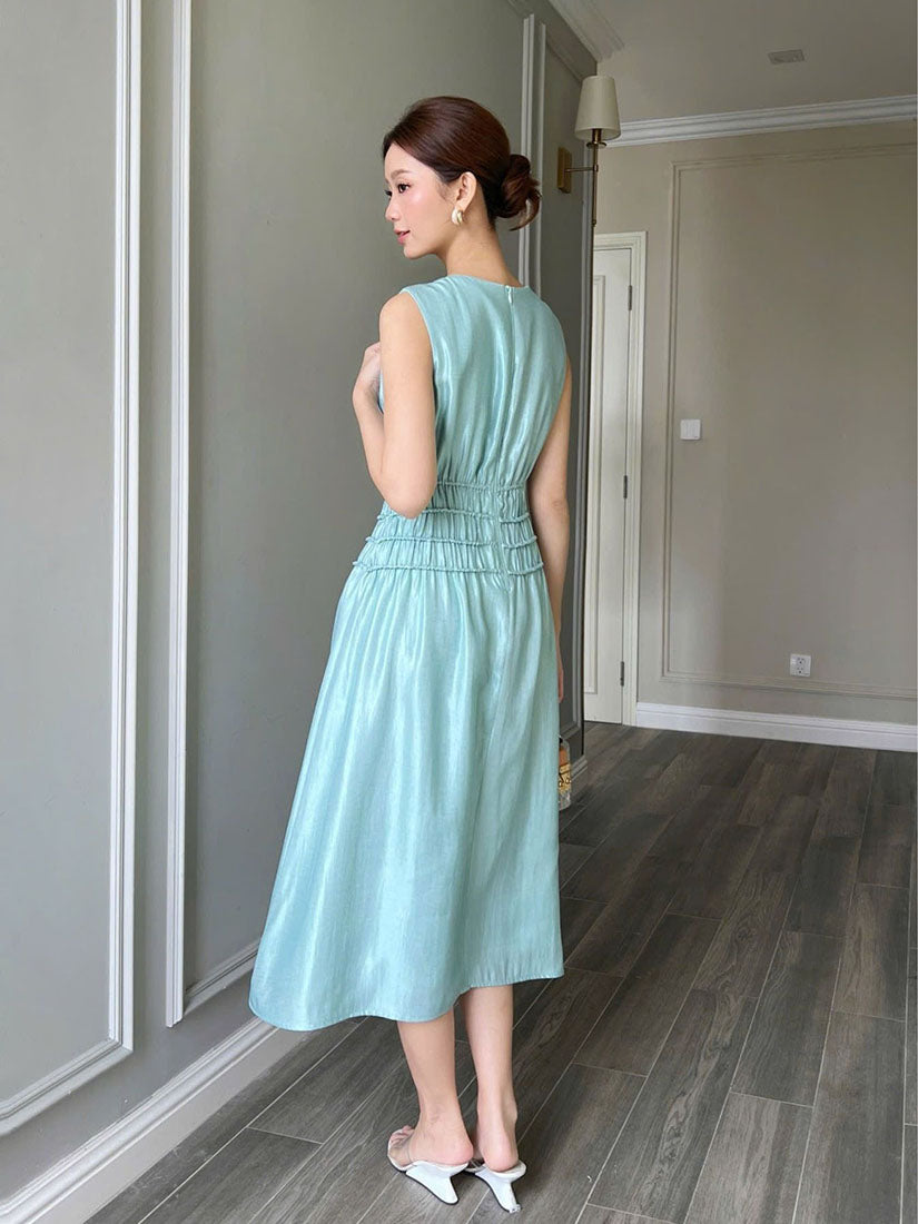 Turquoise Midi Dress With Stylized Pleats