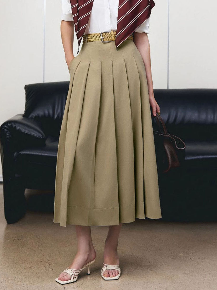 Long Pleated Khaki Skirt