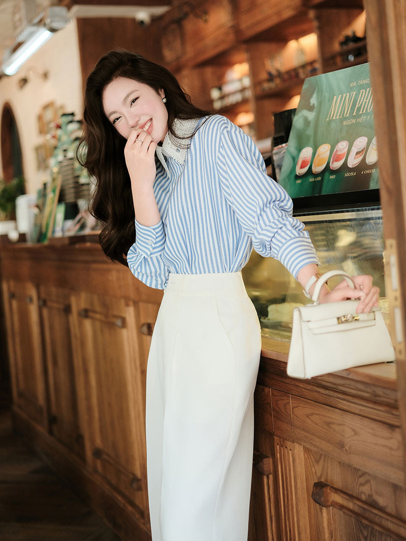 Blue Striped Shirt with White Lace Collar