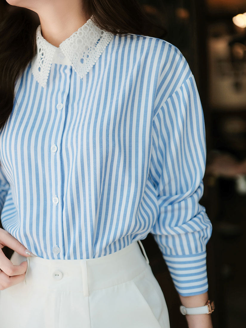 Blue Striped Shirt with White Lace Collar