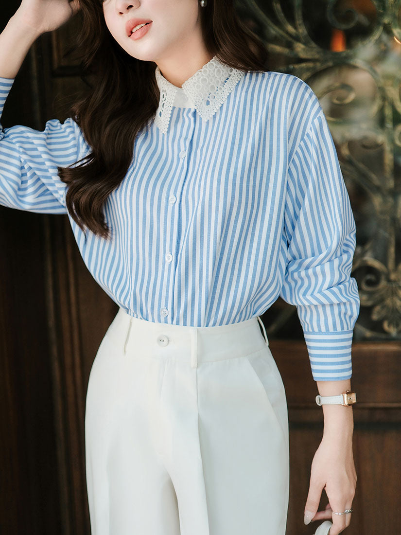 Blue Striped Shirt with White Lace Collar