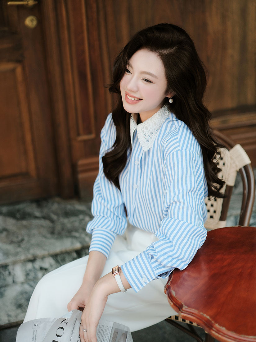 Blue Striped Shirt with White Lace Collar