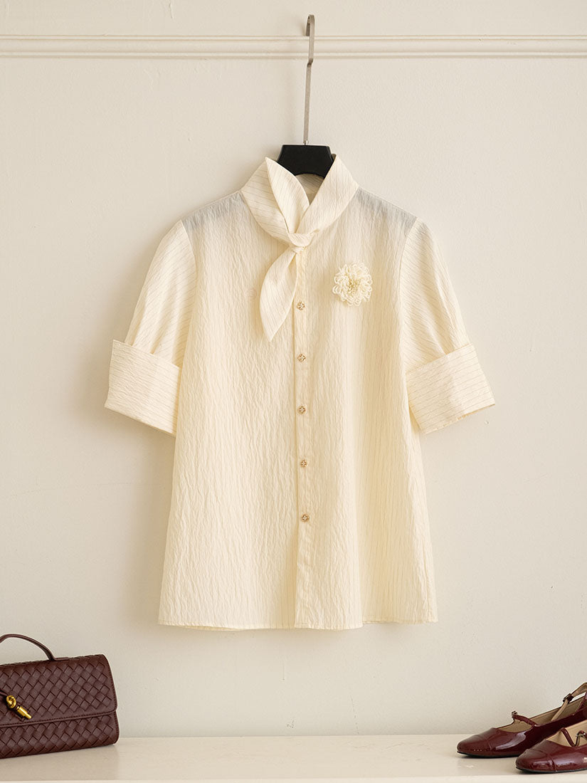 Tie Neck Fold Cuff Striped Shirt