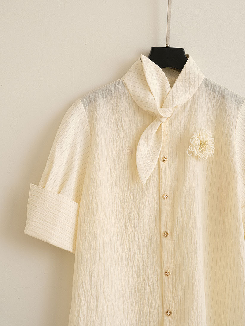 Tie Neck Fold Cuff Striped Shirt