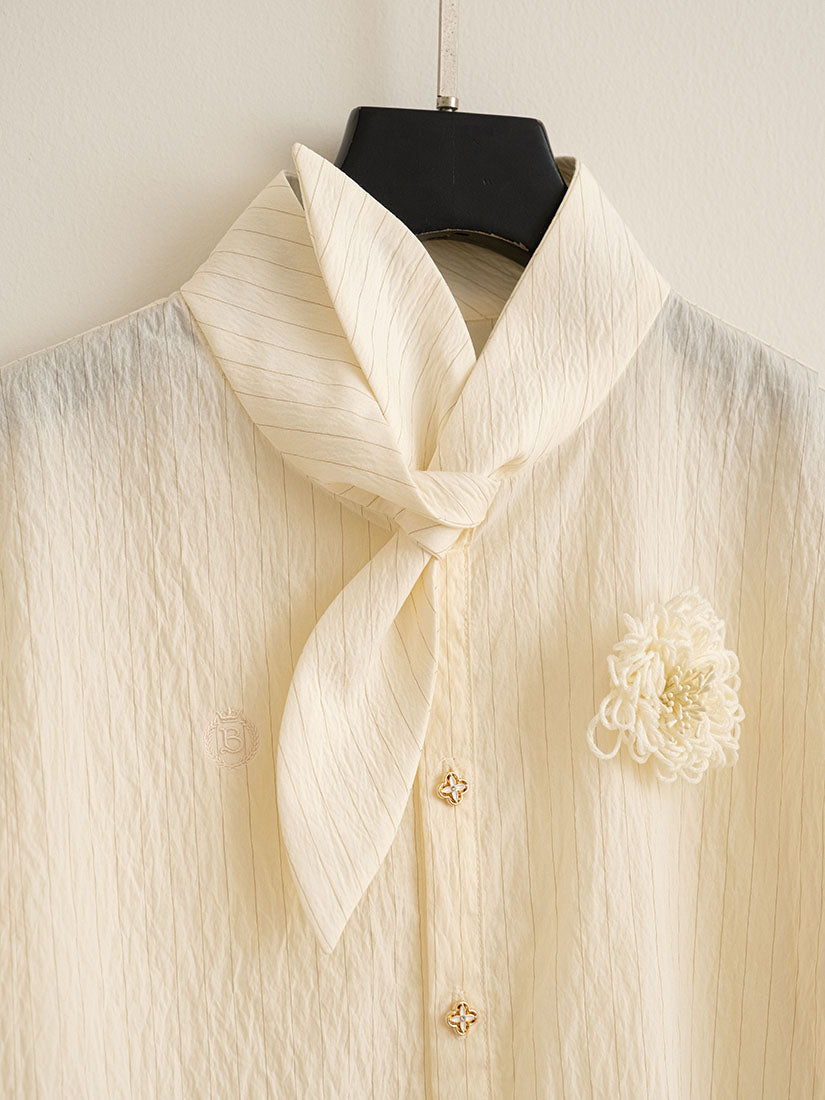 Tie Neck Fold Cuff Striped Shirt