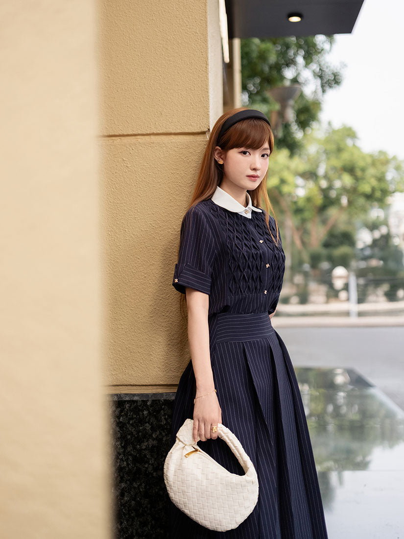 Smocking Front Striped Shirt