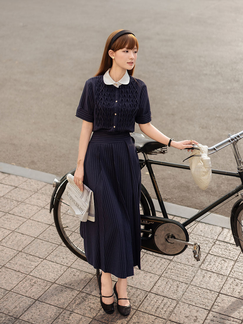 Smocking Front Striped Shirt