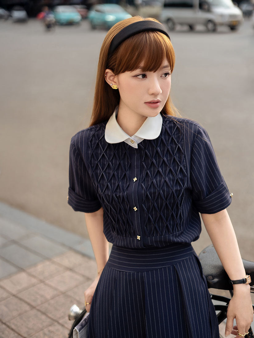 Smocking Front Striped Shirt