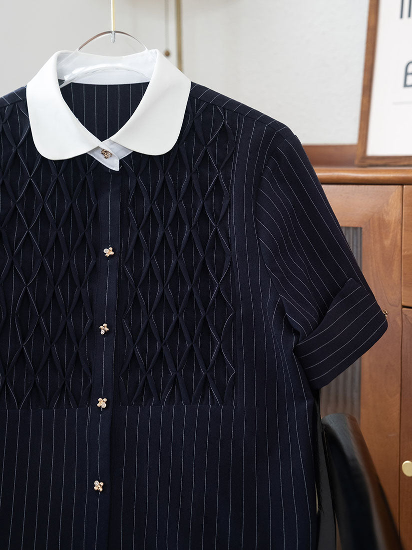 Smocking Front Striped Shirt