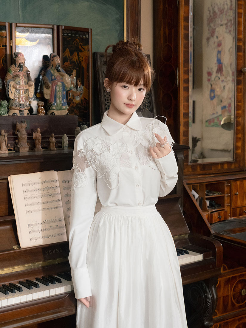 Floral Embroidered Lace Trim Shirt