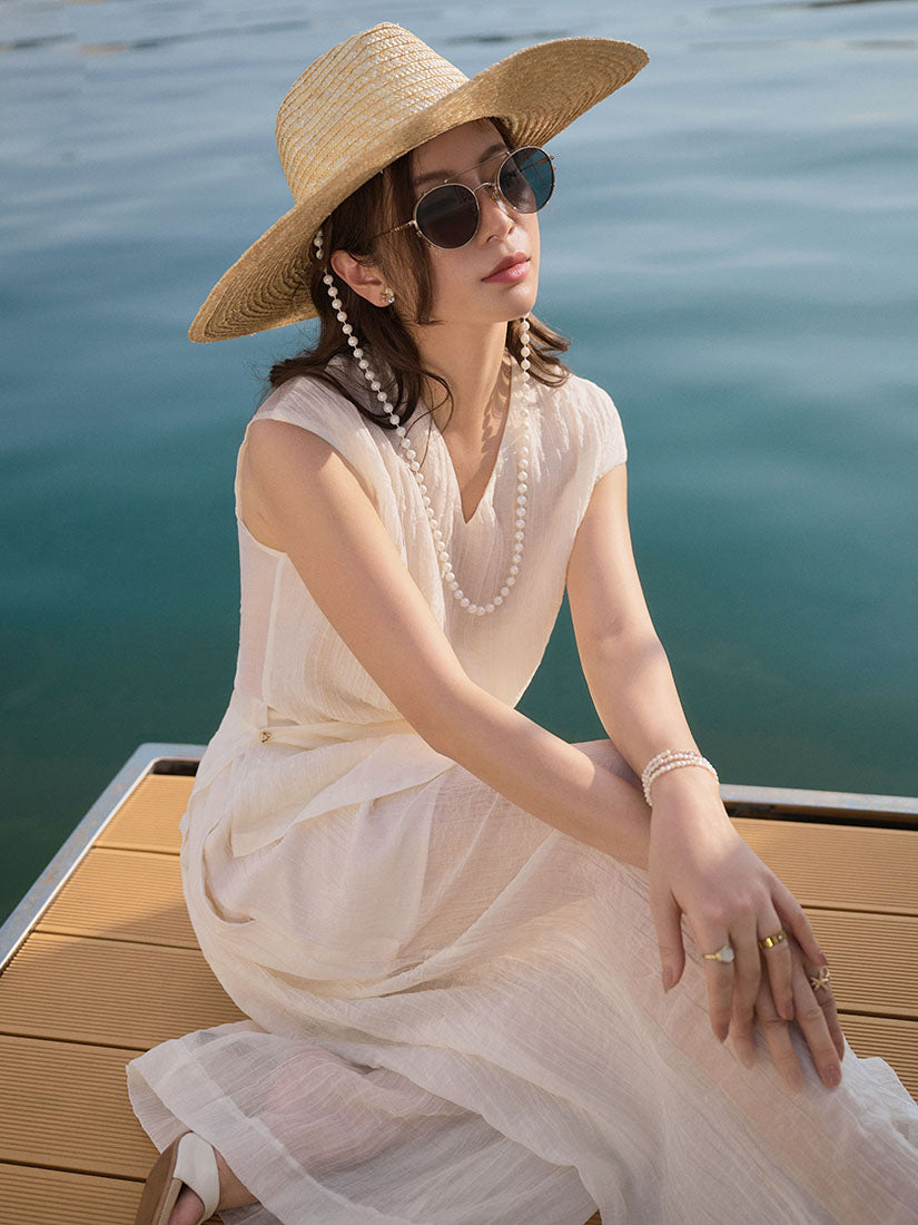 V-Neck Diagonal Hem Silky Sleeveless Top
