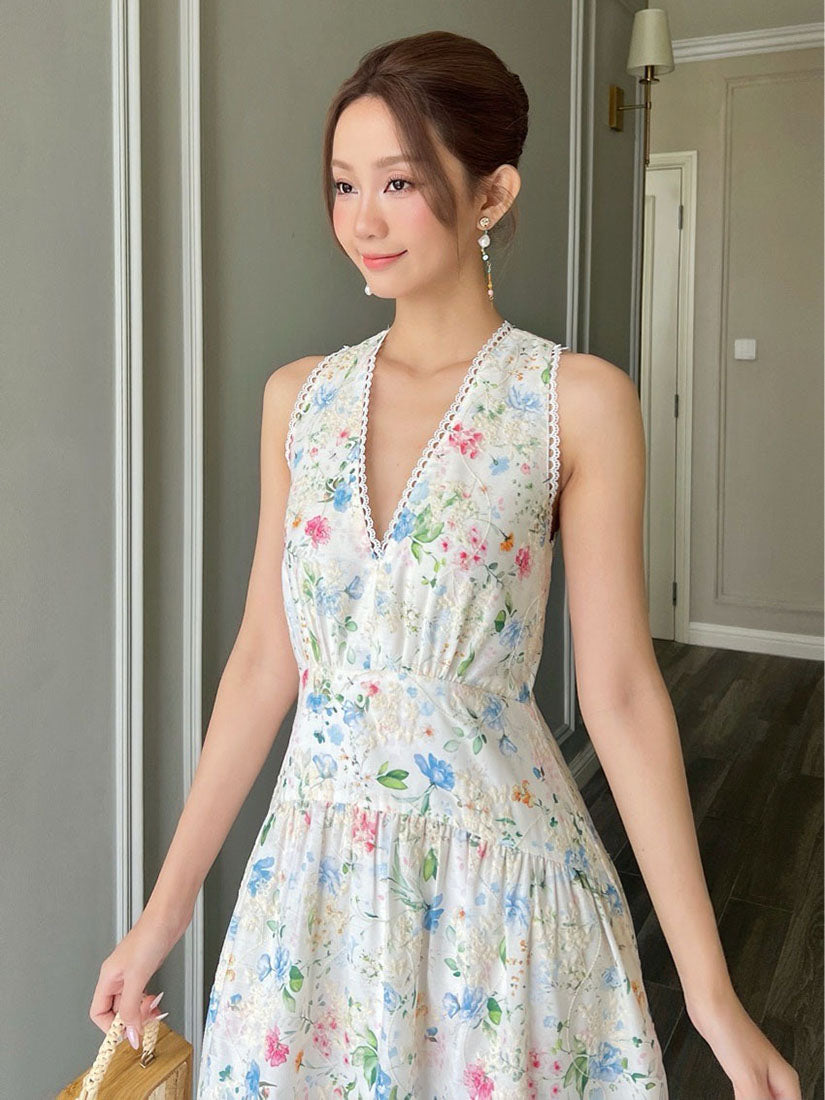 Lace Trim V Neck Sleeveless Floral Embroidered Dress