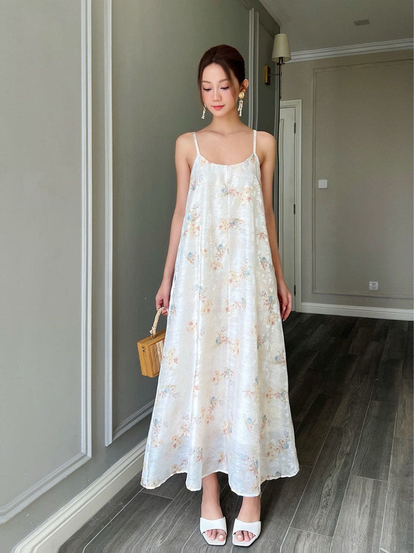 Floral Silky Pleated Back Spaghetti Strap Dress