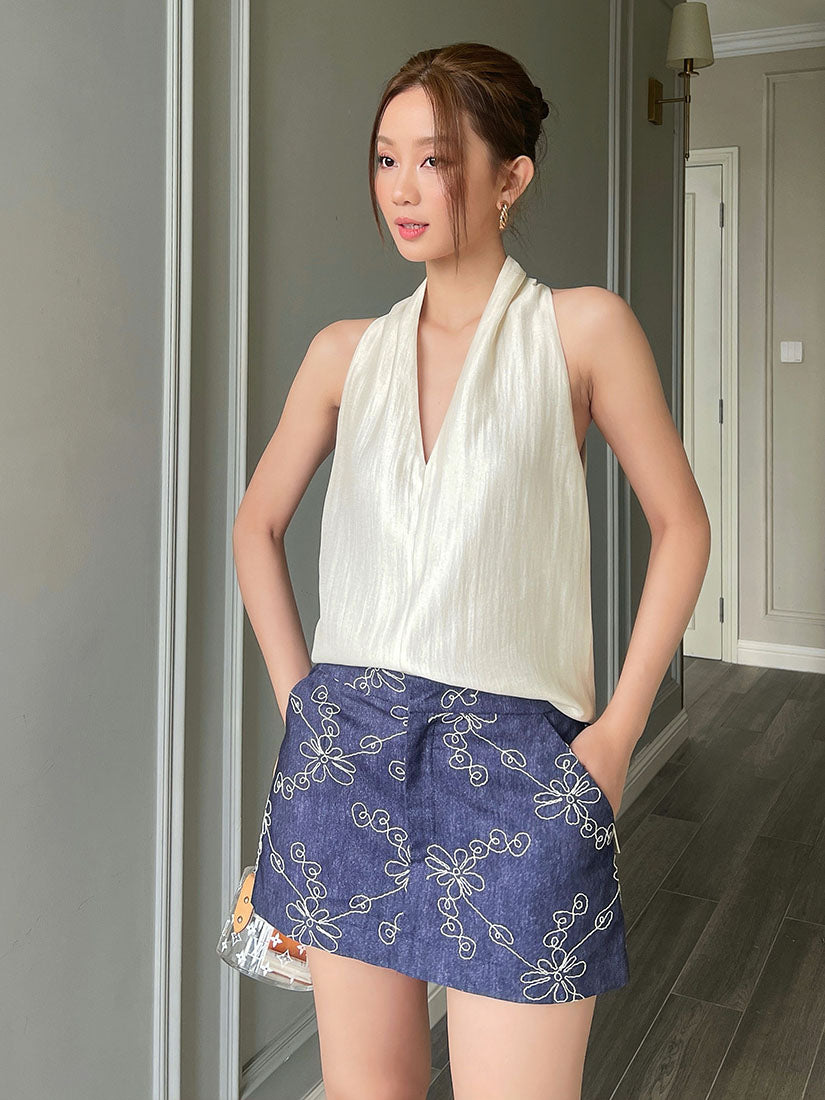 Floral Embroidered Denim Mini Skort