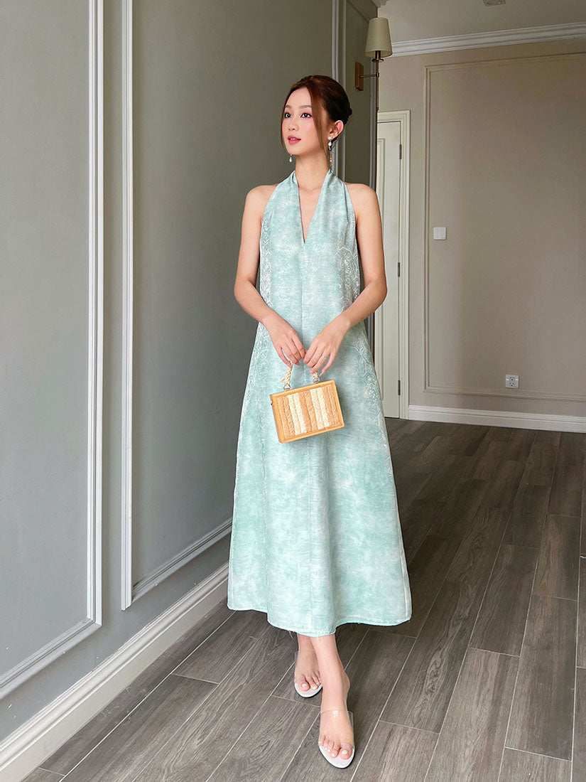 Floral Jacquard Halter Neck Flare Dress - Jade