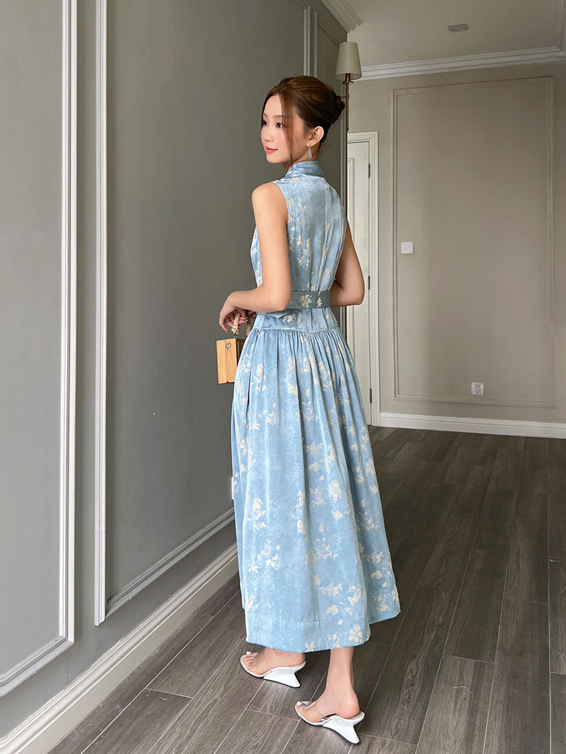 Belted Silky Floral Embossed Button Up Sleeveless Dress - Blue