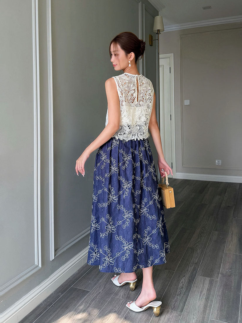 Floral Embroidered Denim Look Skirt